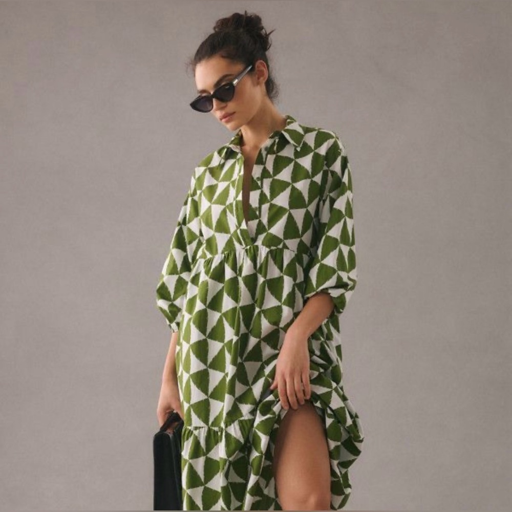 MAEVE by ANTHROPOLOGIE Bettina Green Geometric Print Tiered Dress Small S NWOT - Picture 2 of 6